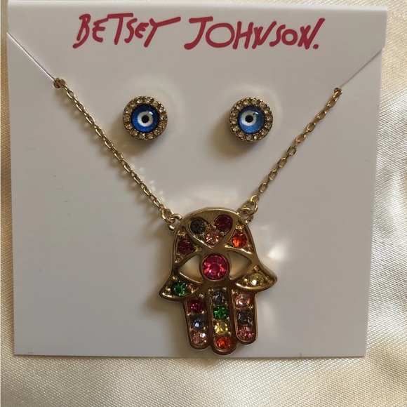 Betsey Johnson Gold Tone Hamsa Hand Pendant Necklace + Evil Eye Stud Earrings - Picture 5 of 11